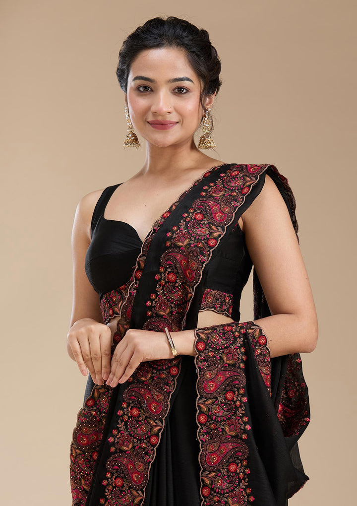 Black Chiffon Kashmiri Saree With Matching Blouse Piece