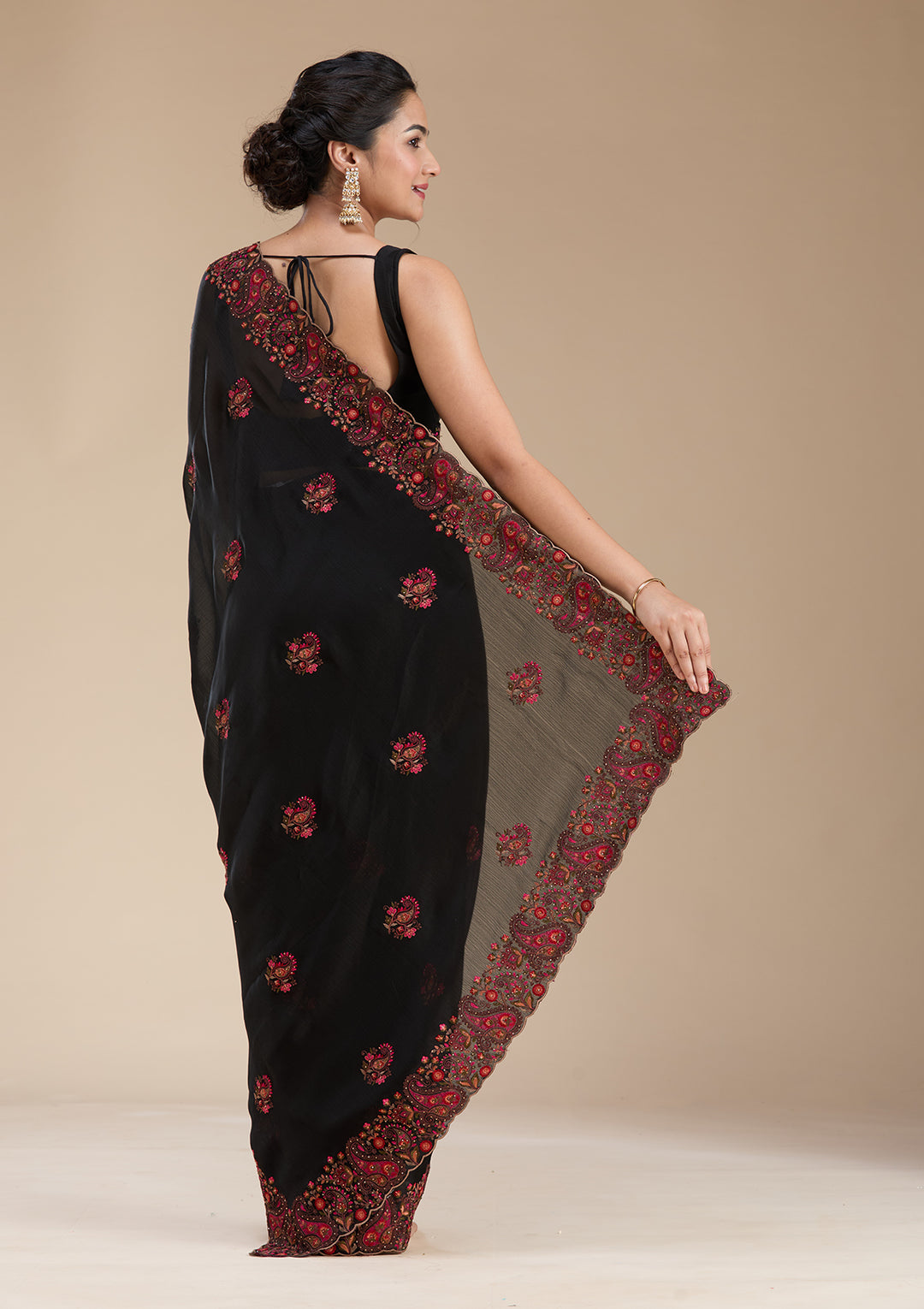 Black Chiffon Kashmiri Saree With Matching Blouse Piece
