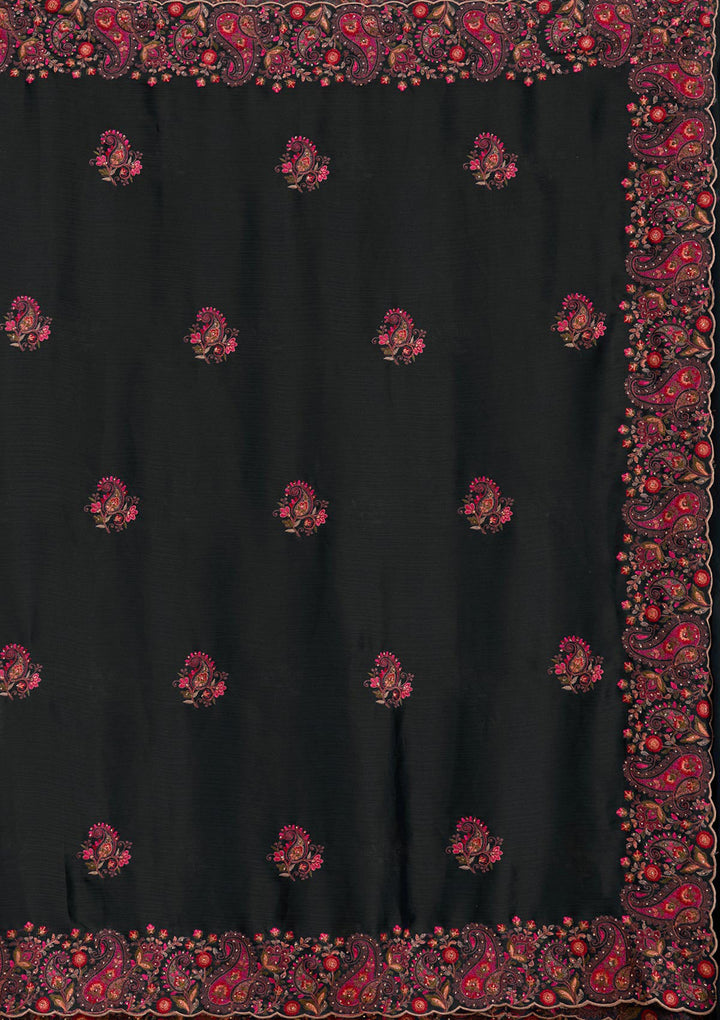 Black Chiffon Kashmiri Saree With Matching Blouse Piece