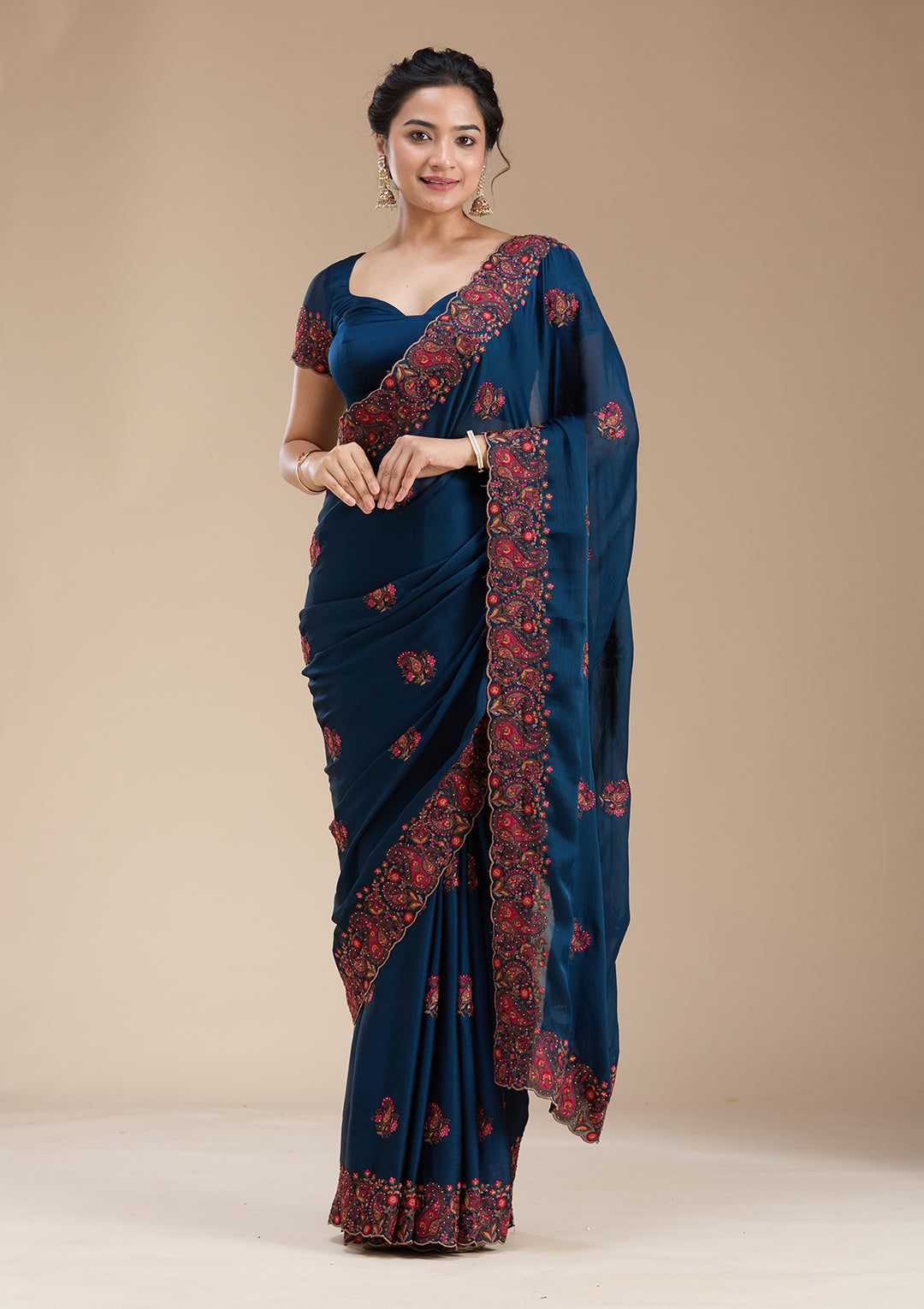 Navy Blue Chiffon Kashmiri Saree With Matching Blouse Piece