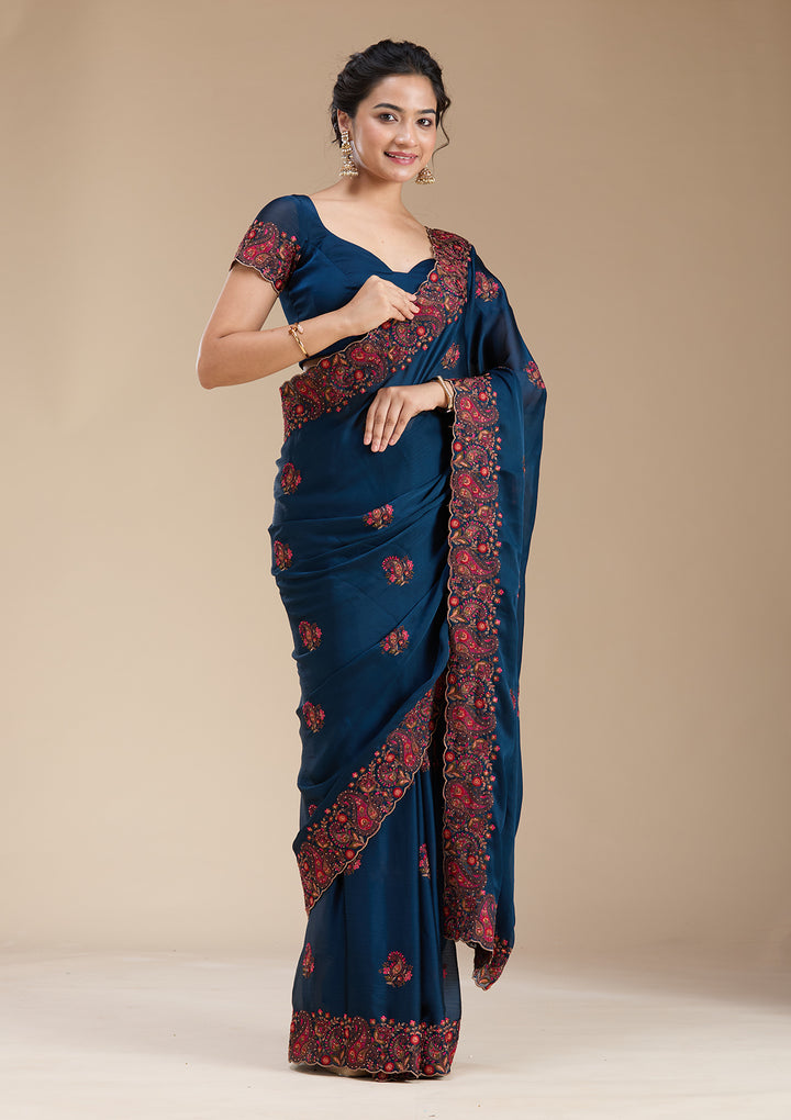Navy Blue Chiffon Kashmiri Saree With Matching Blouse Piece