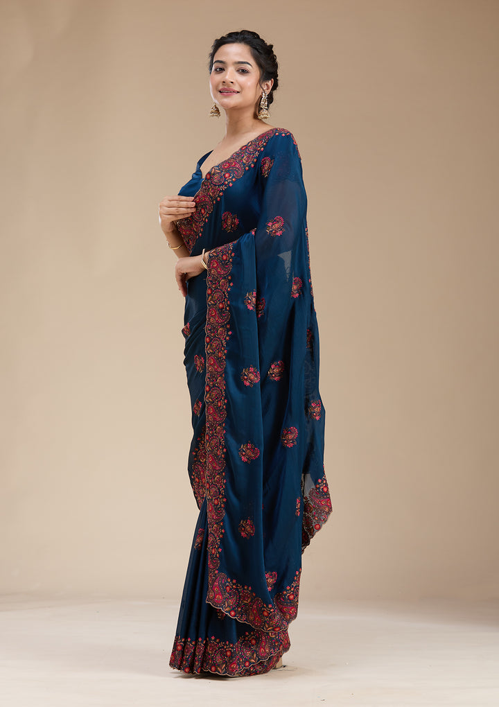 Navy Blue Chiffon Kashmiri Saree With Matching Blouse Piece