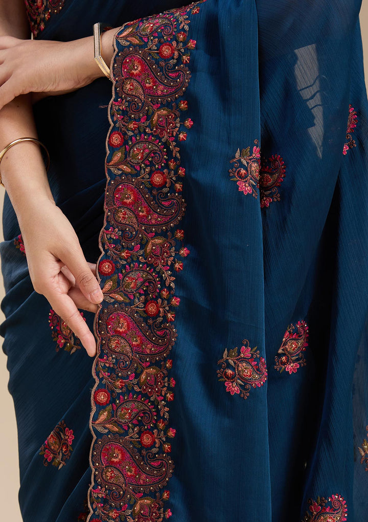 Navy Blue Chiffon Kashmiri Saree With Matching Blouse Piece