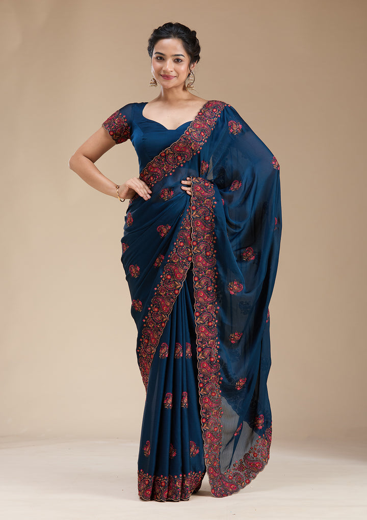 Navy Blue Chiffon Kashmiri Saree With Matching Blouse Piece