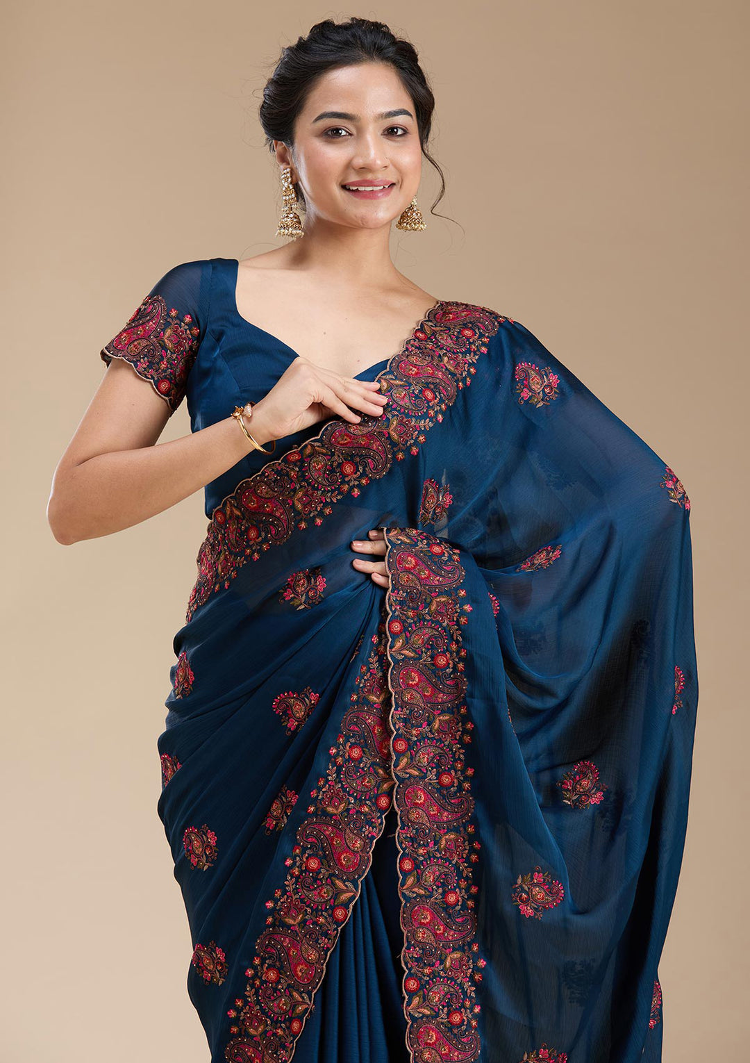 Navy Blue Chiffon Kashmiri Saree With Matching Blouse Piece