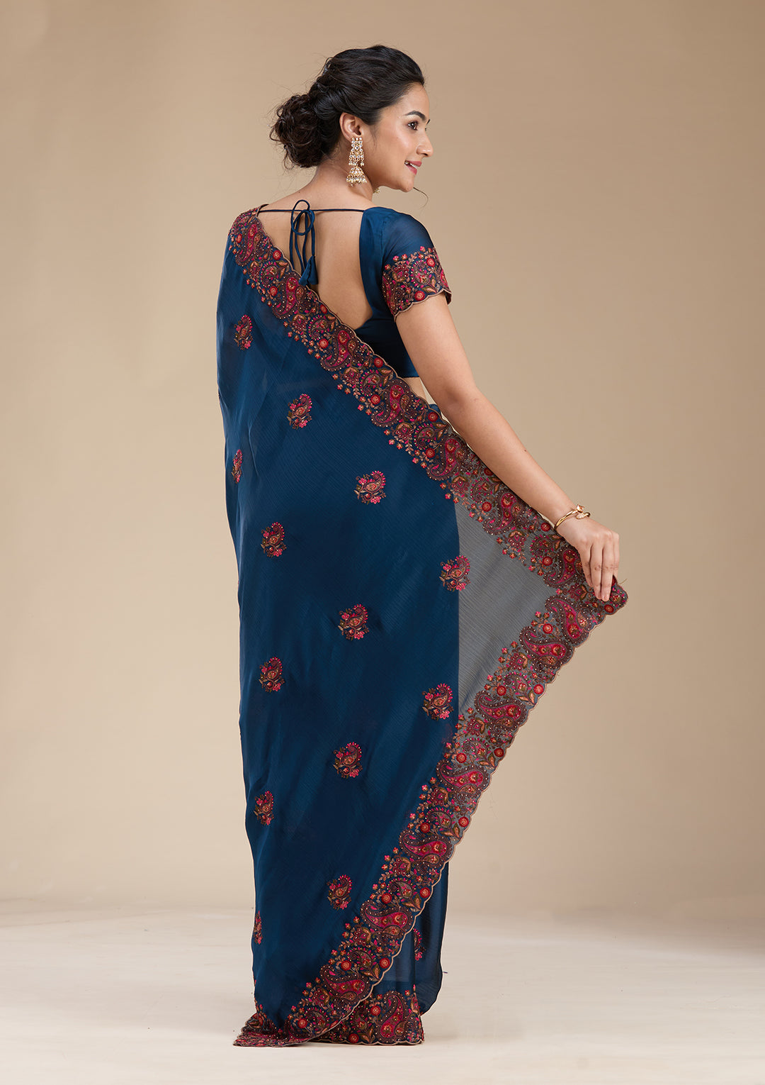 Navy Blue Chiffon Kashmiri Saree With Matching Blouse Piece