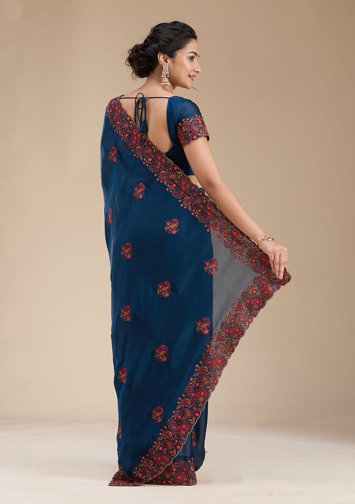Navy Blue Chiffon Kashmiri Saree With Matching Blouse Piece