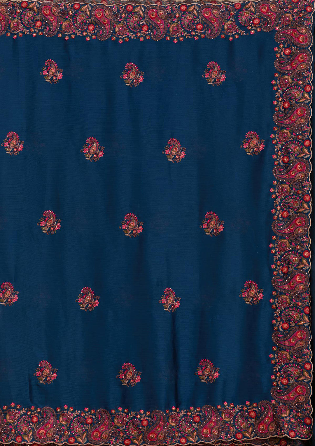 Navy Blue Chiffon Kashmiri Saree With Matching Blouse Piece