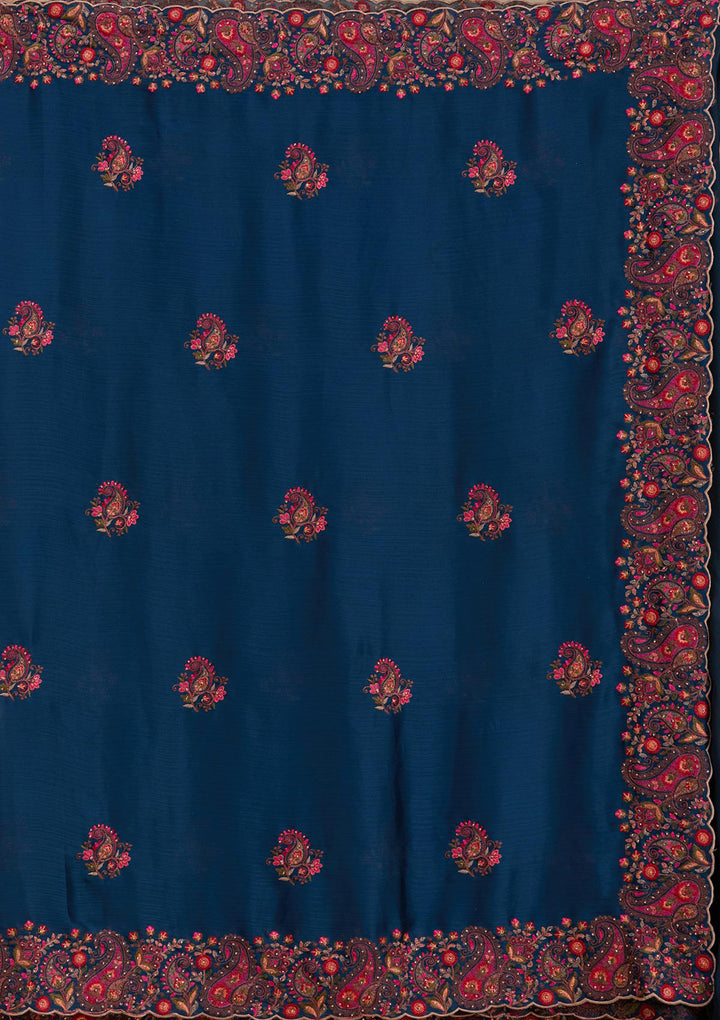 Navy Blue Chiffon Kashmiri Saree With Matching Blouse Piece