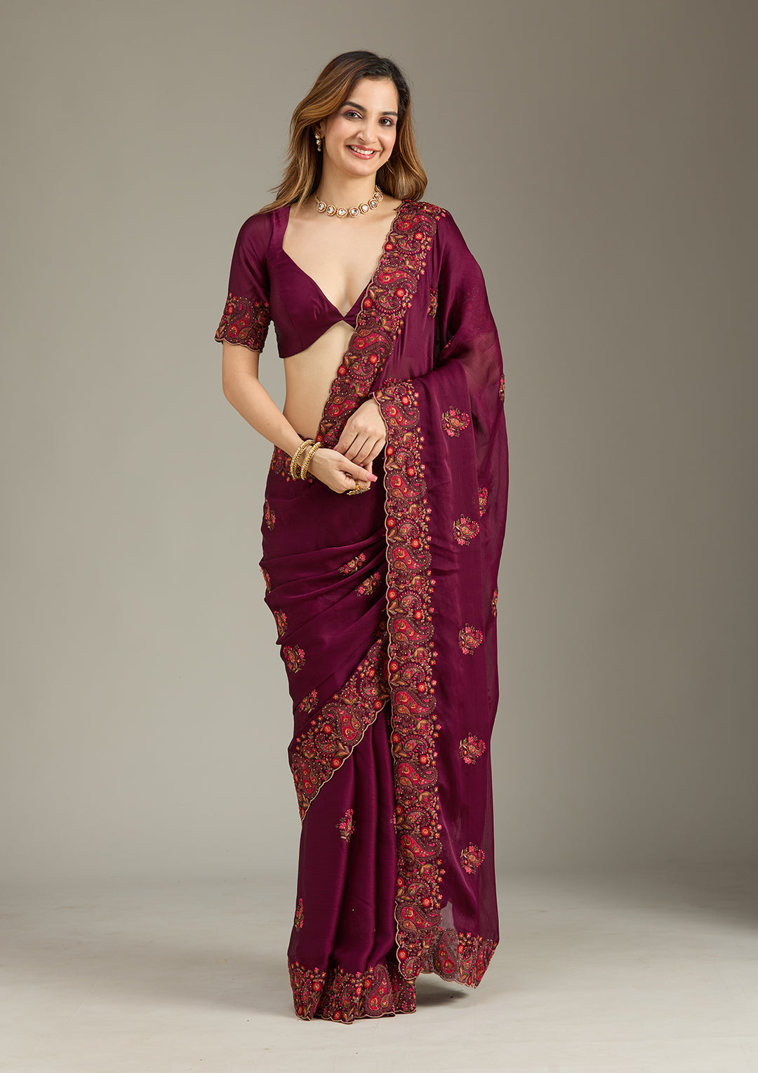 Wine Chiffon Kashmiri Saree With Matching Blouse Piece