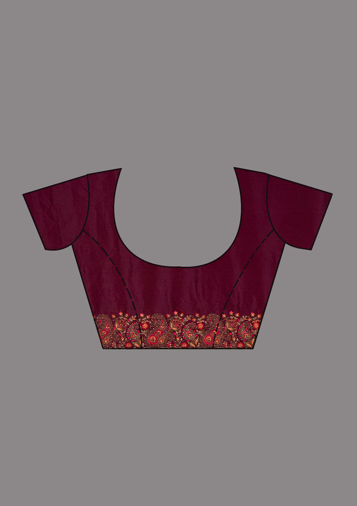 Wine Chiffon Kashmiri Saree With Matching Blouse Piece