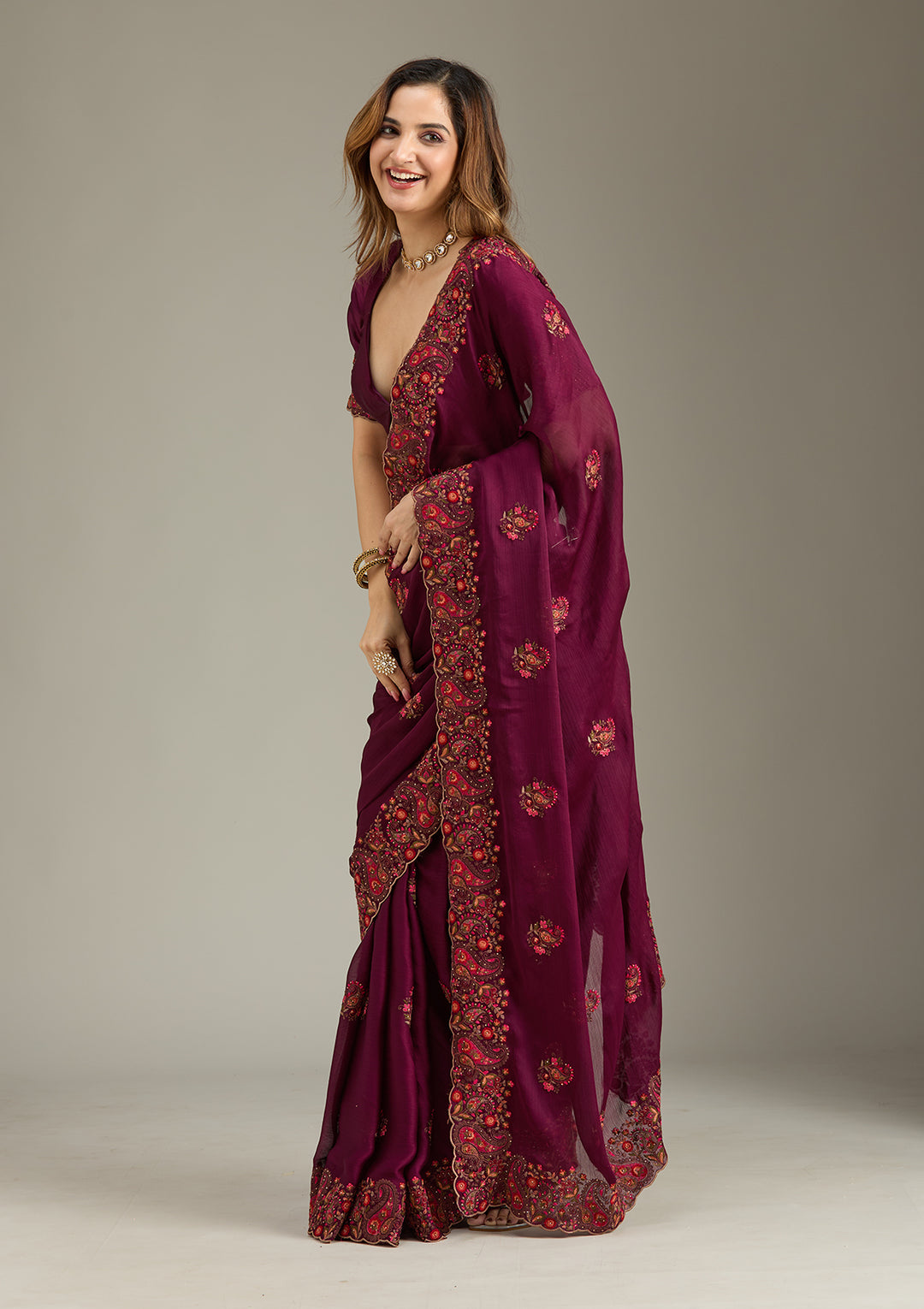 Wine Chiffon Kashmiri Saree With Matching Blouse Piece