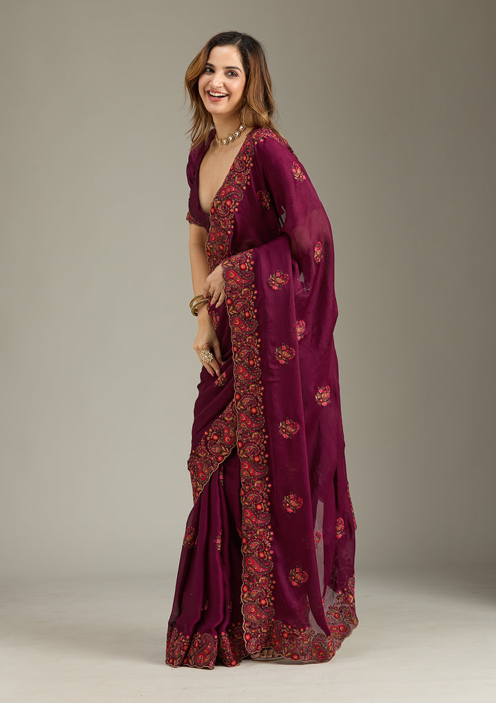 Wine Chiffon Kashmiri Saree With Matching Blouse Piece