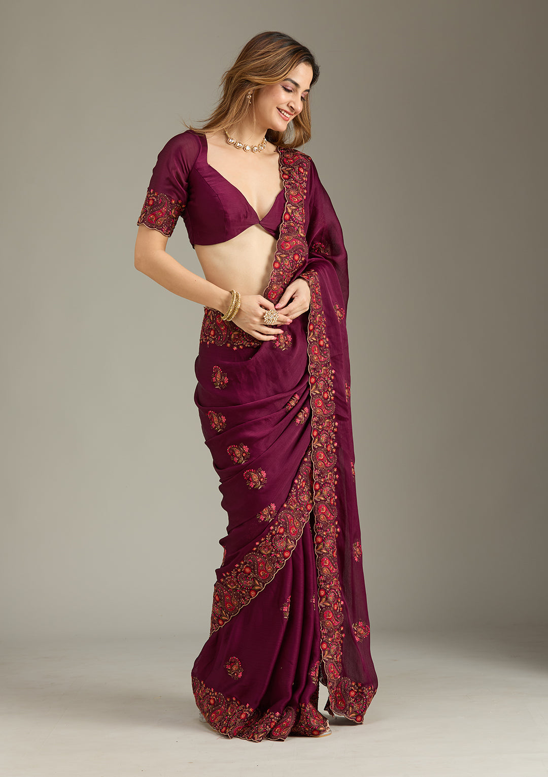 Wine Chiffon Kashmiri Saree With Matching Blouse Piece