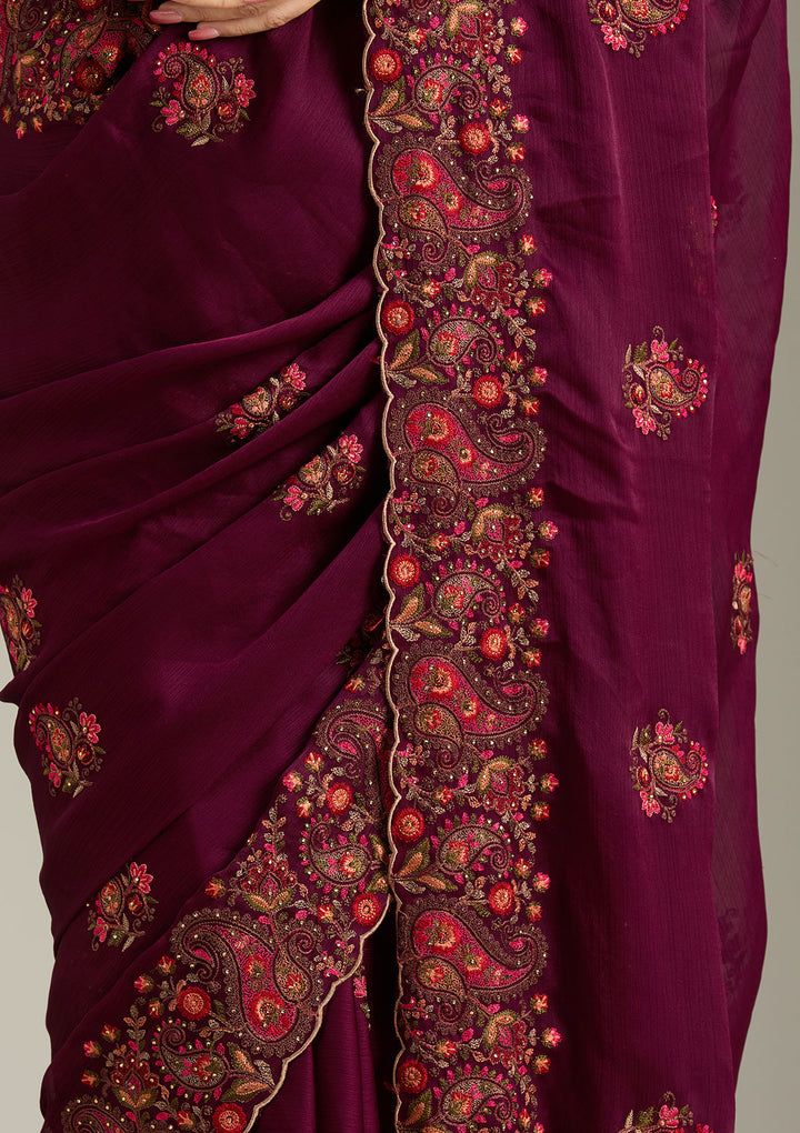 Wine Chiffon Kashmiri Saree With Matching Blouse Piece