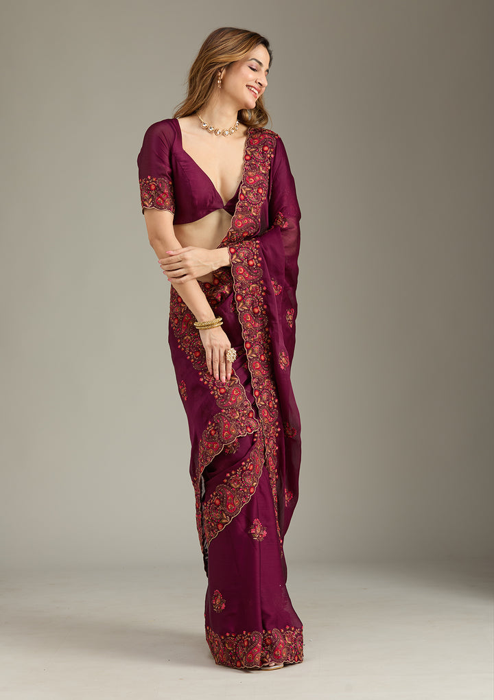 Wine Chiffon Kashmiri Saree With Matching Blouse Piece