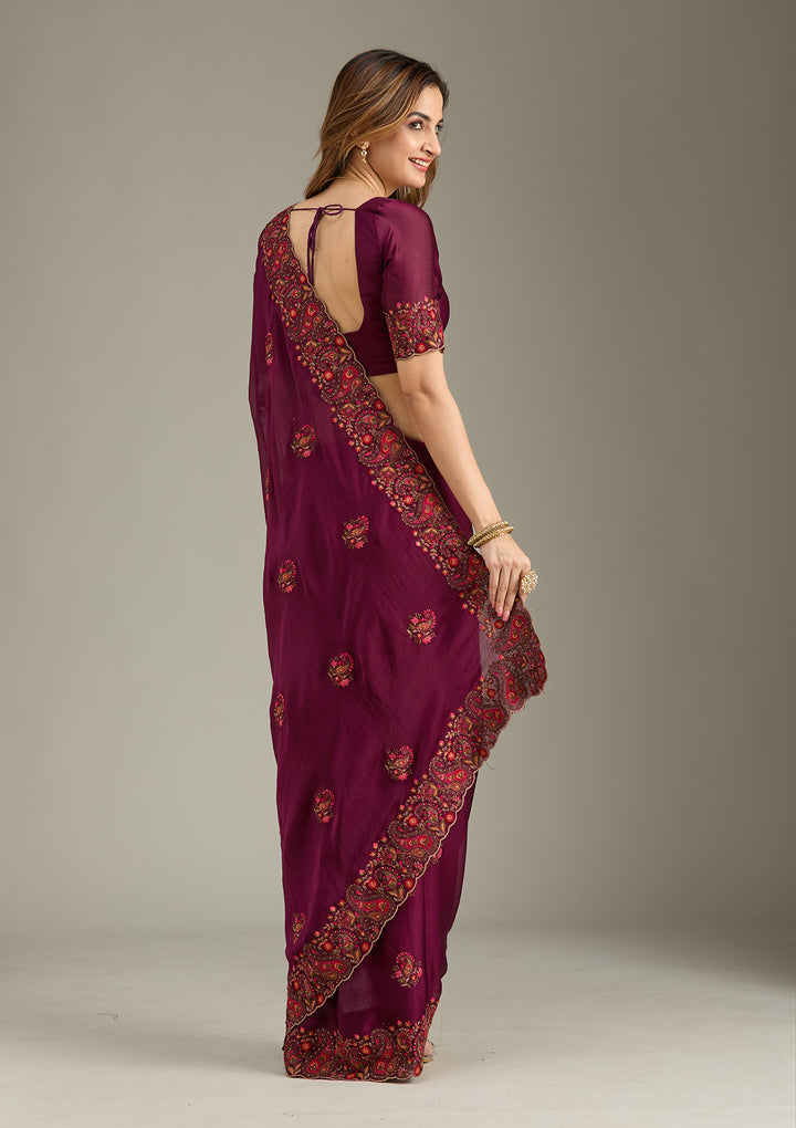 Wine Chiffon Kashmiri Saree With Matching Blouse Piece