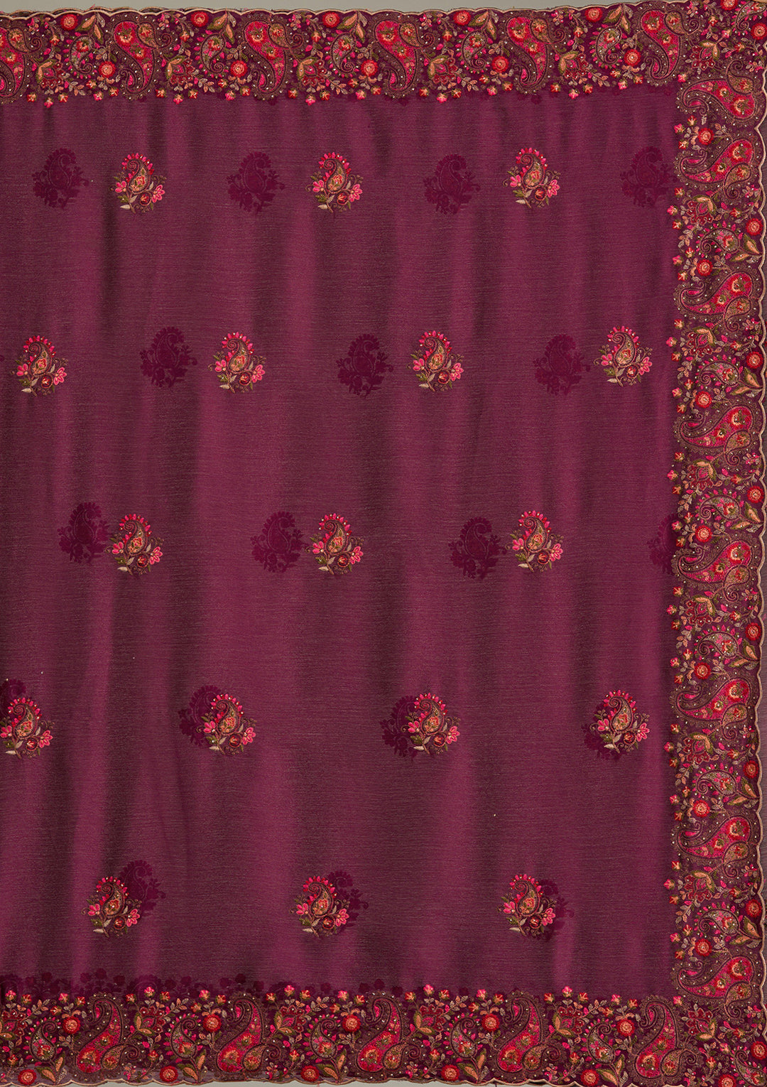 Wine Chiffon Kashmiri Saree With Matching Blouse Piece