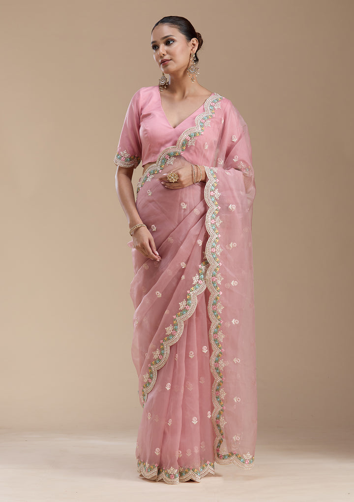 Onion Pink Tissue Threadwork Saree With Matching Blouse Piece