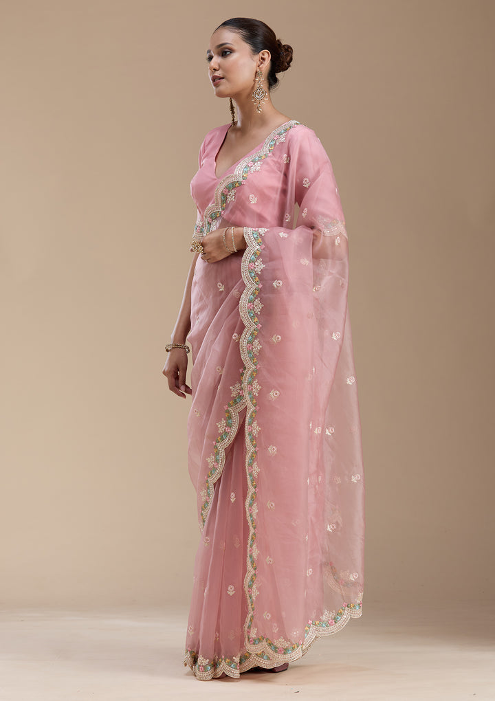 Onion Pink Tissue Threadwork Saree With Matching Blouse Piece