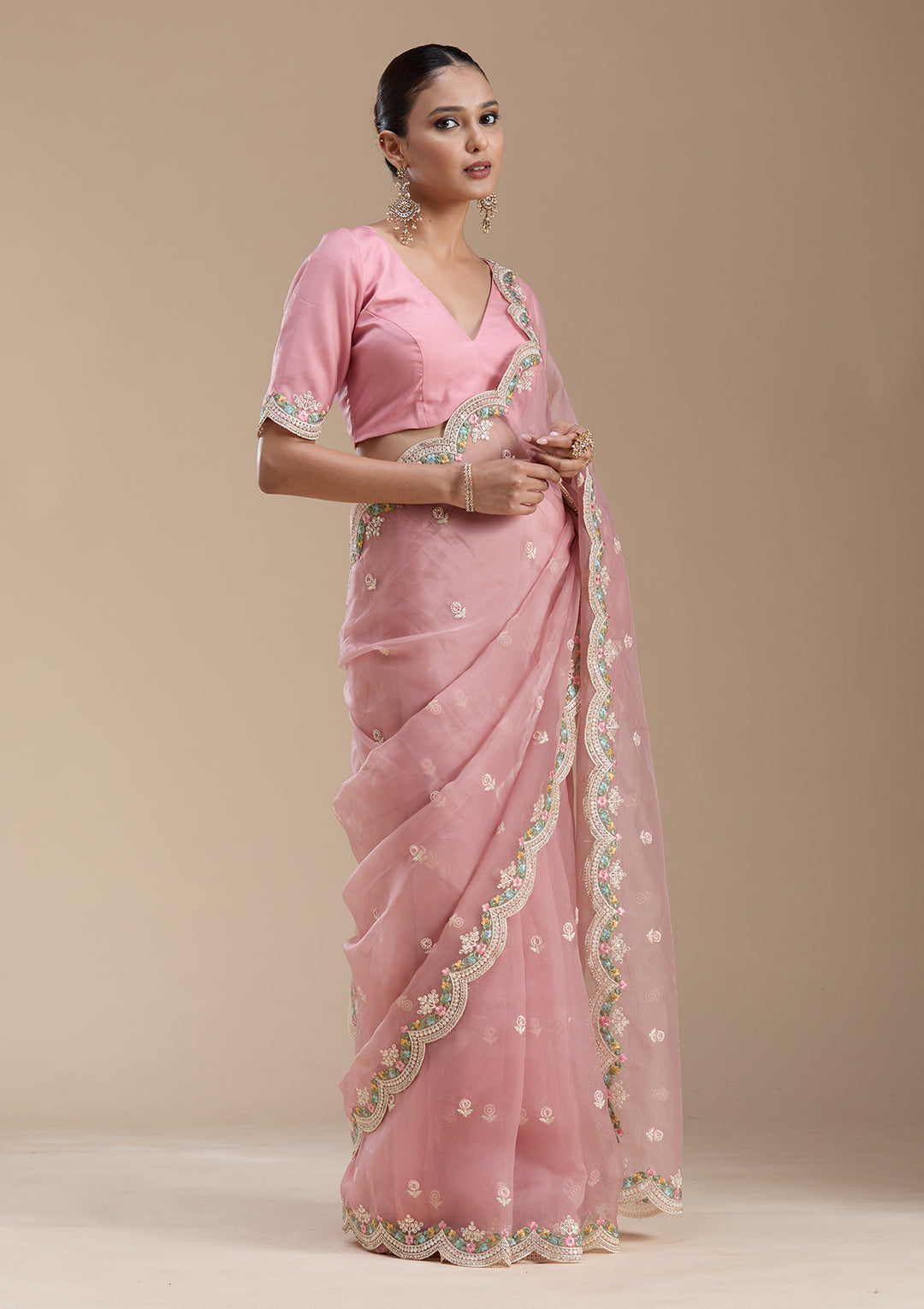 Onion Pink Tissue Threadwork Saree With Matching Blouse Piece