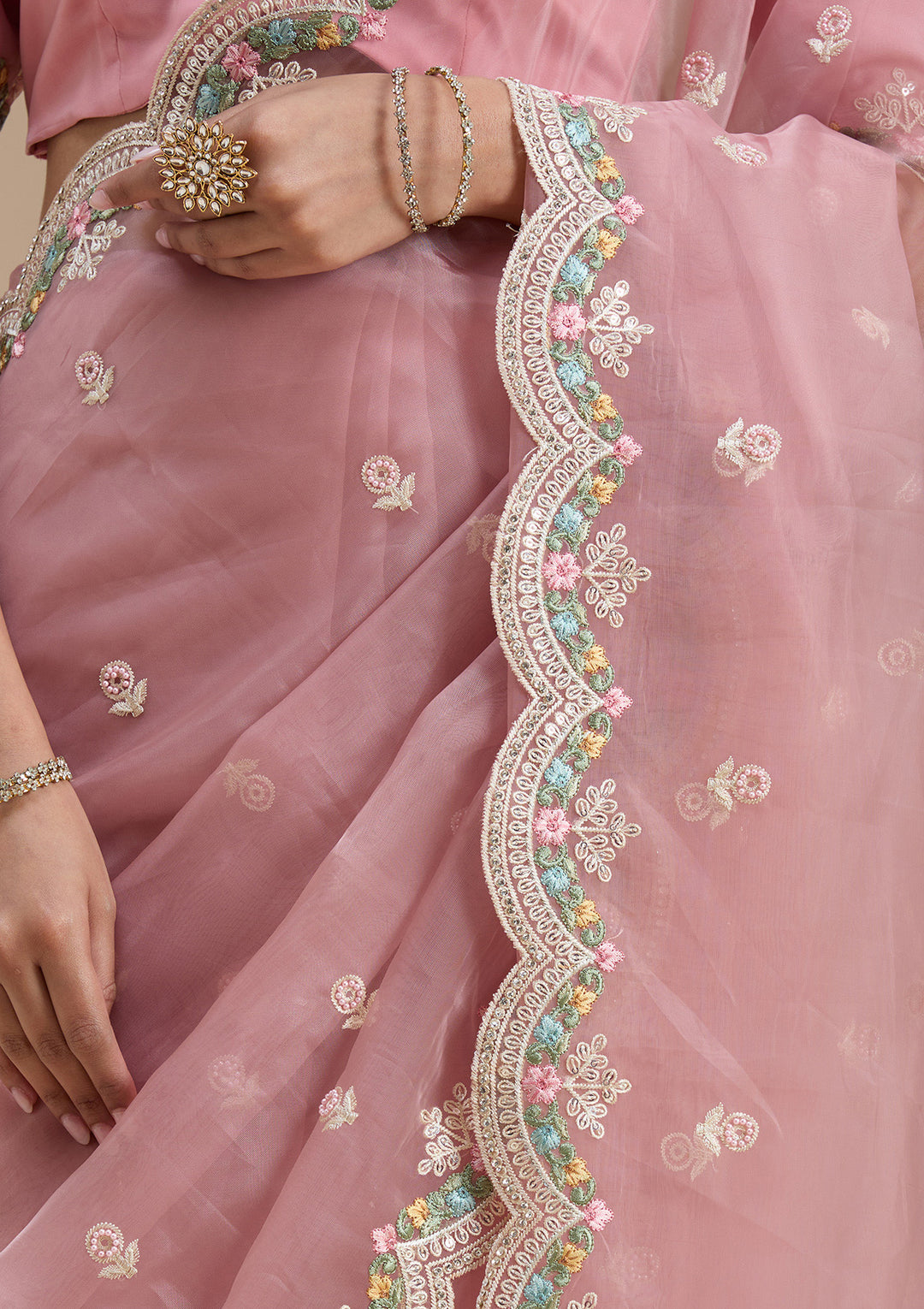 Onion Pink Tissue Threadwork Saree With Matching Blouse Piece