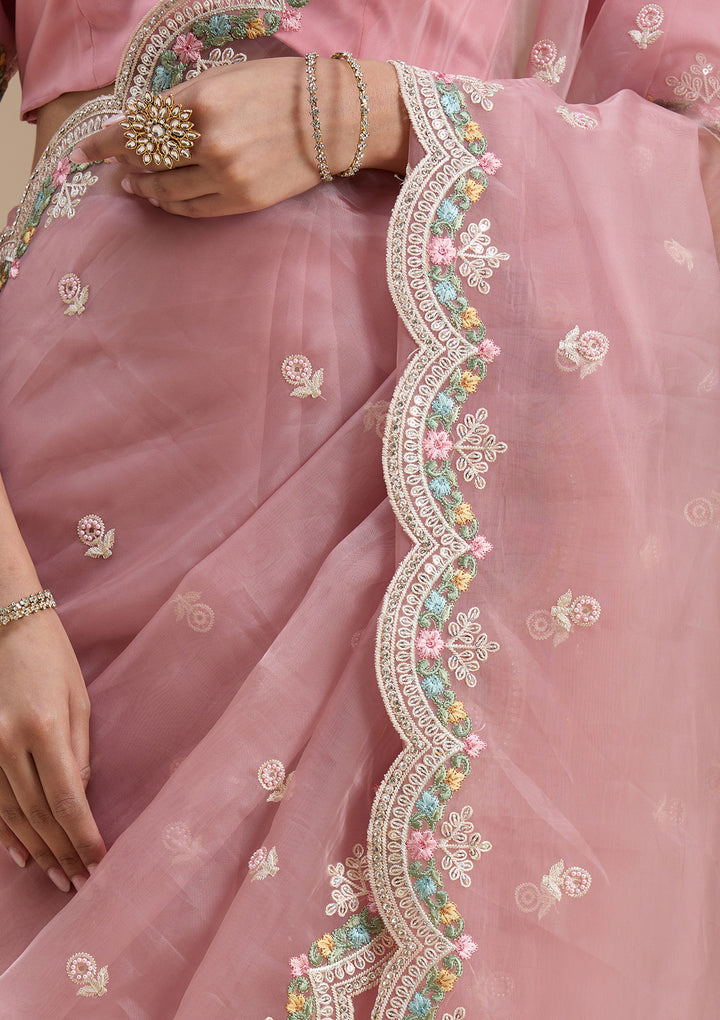 Onion Pink Tissue Threadwork Saree With Matching Blouse Piece