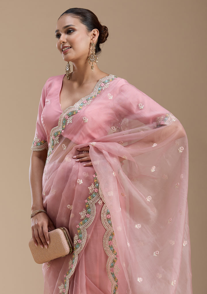 Onion Pink Tissue Threadwork Saree With Matching Blouse Piece