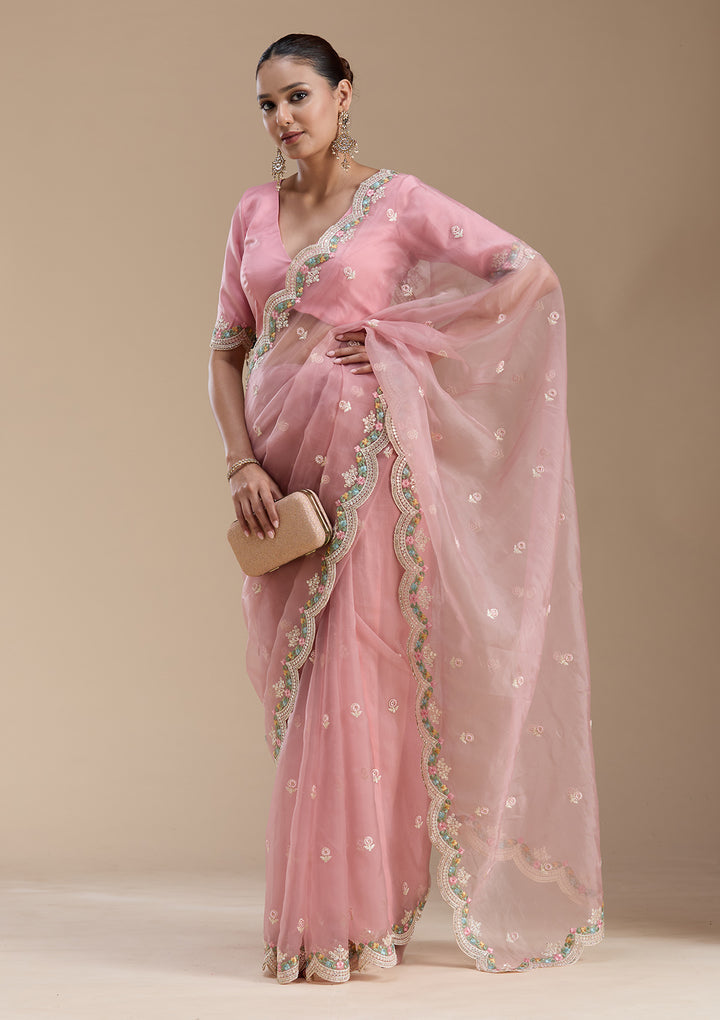 Onion Pink Tissue Threadwork Saree With Matching Blouse Piece