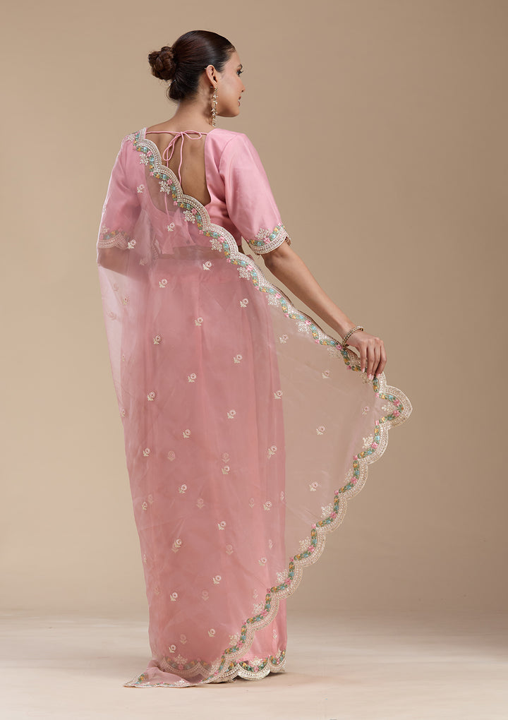 Onion Pink Tissue Threadwork Saree With Matching Blouse Piece