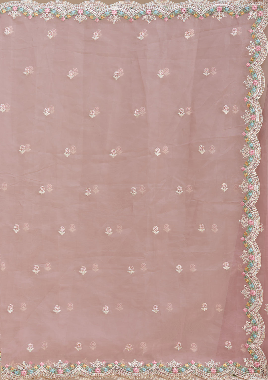 Onion Pink Tissue Threadwork Saree With Matching Blouse Piece