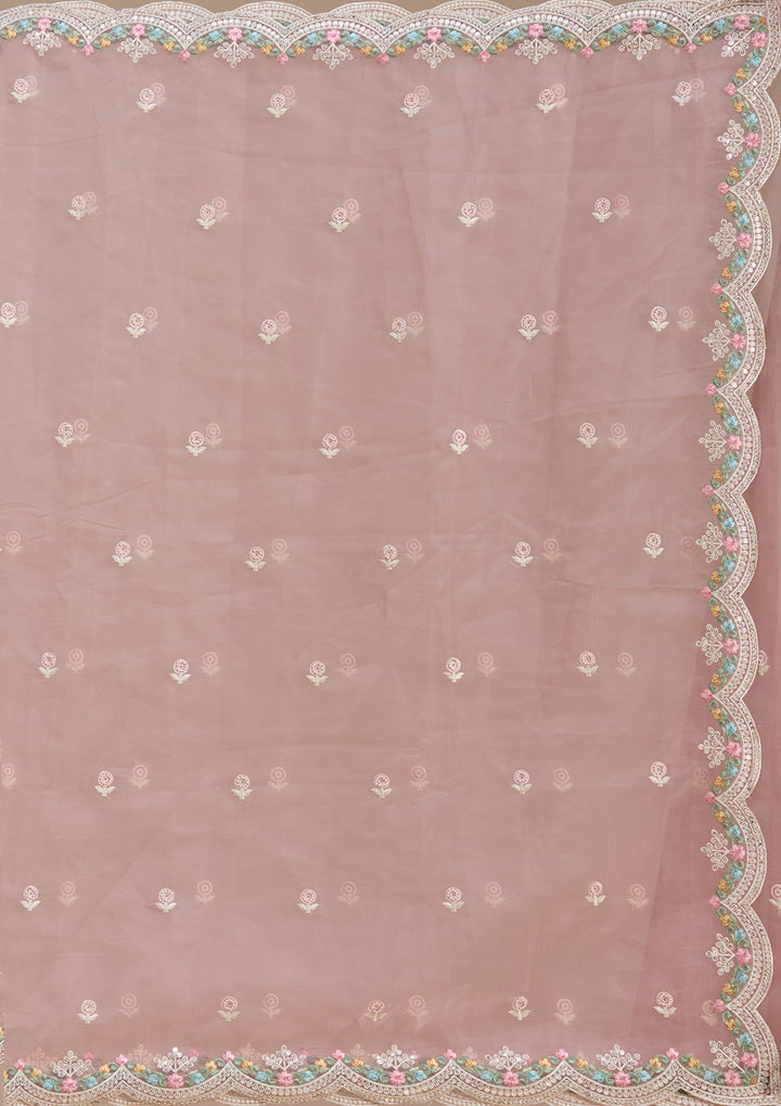Onion Pink Tissue Threadwork Saree With Matching Blouse Piece