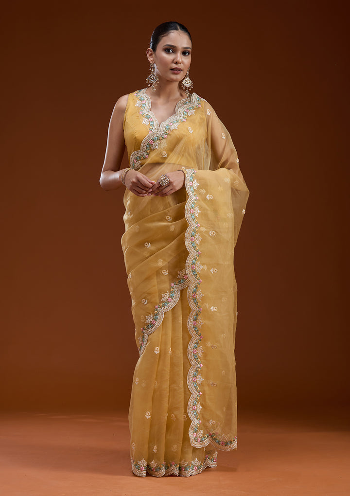 Yellow Threadwork Tissue Saree