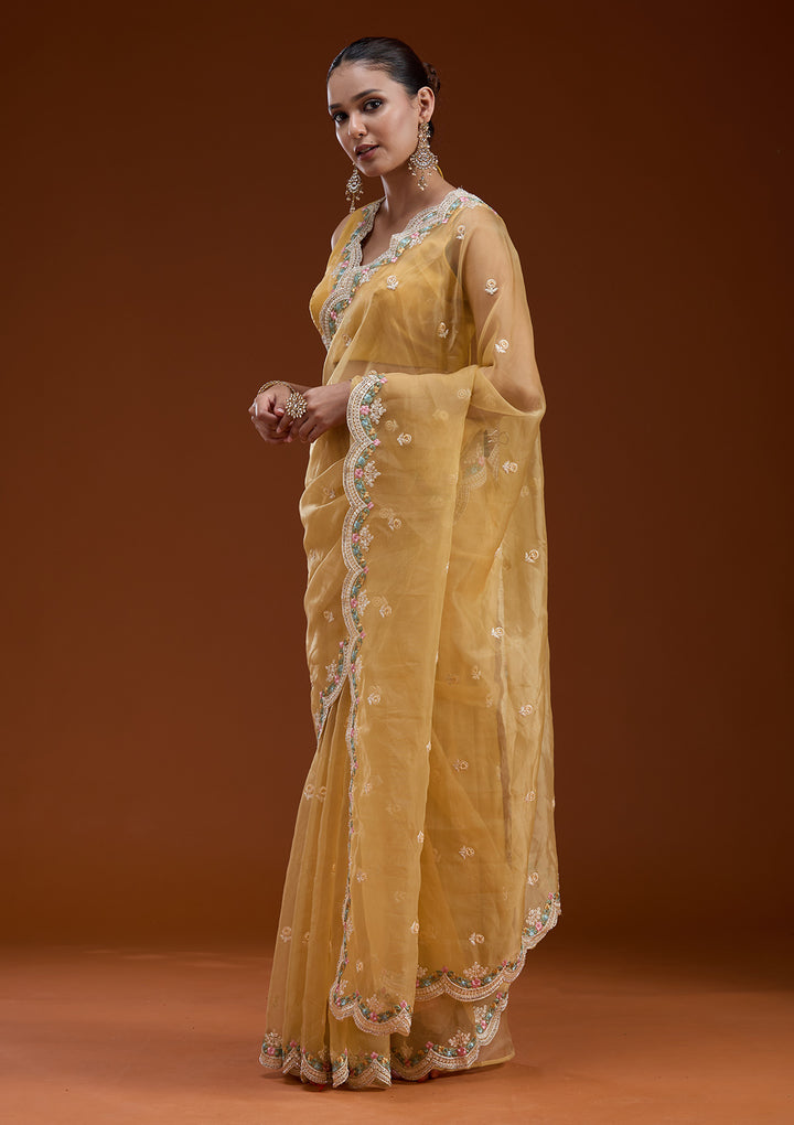 Yellow Threadwork Tissue Saree