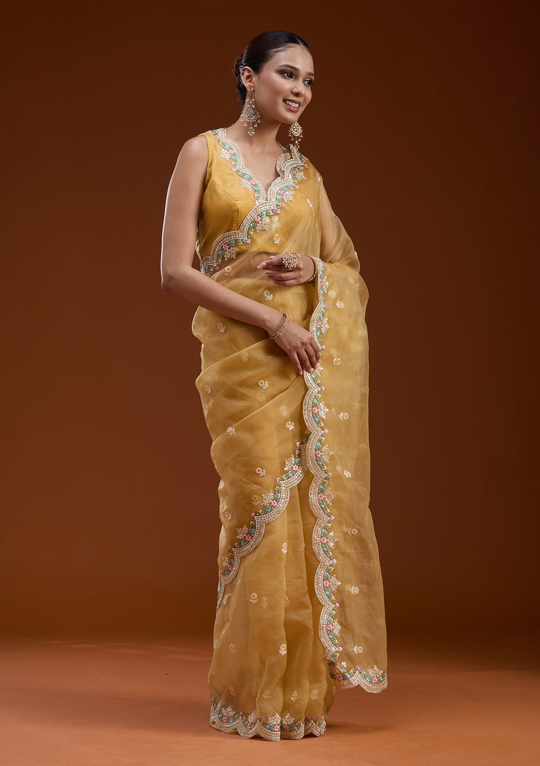 Yellow Threadwork Tissue Saree