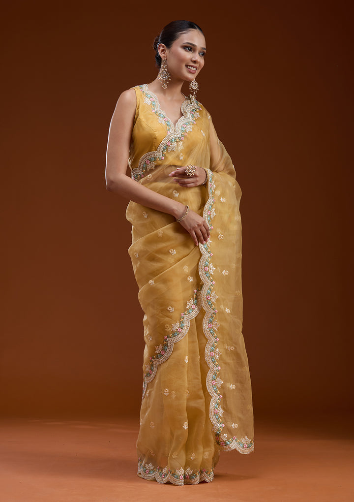 Yellow Threadwork Tissue Saree