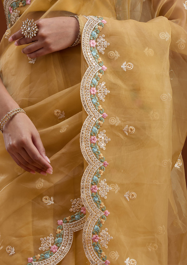 Yellow Threadwork Tissue Saree