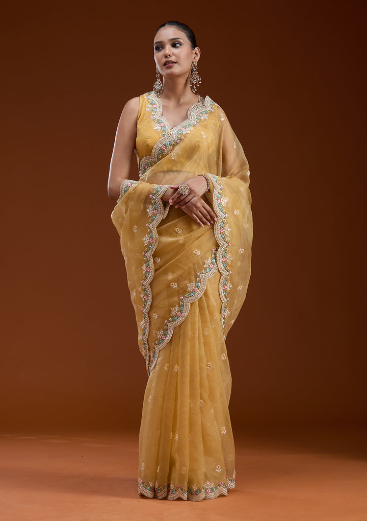 Yellow Threadwork Tissue Saree