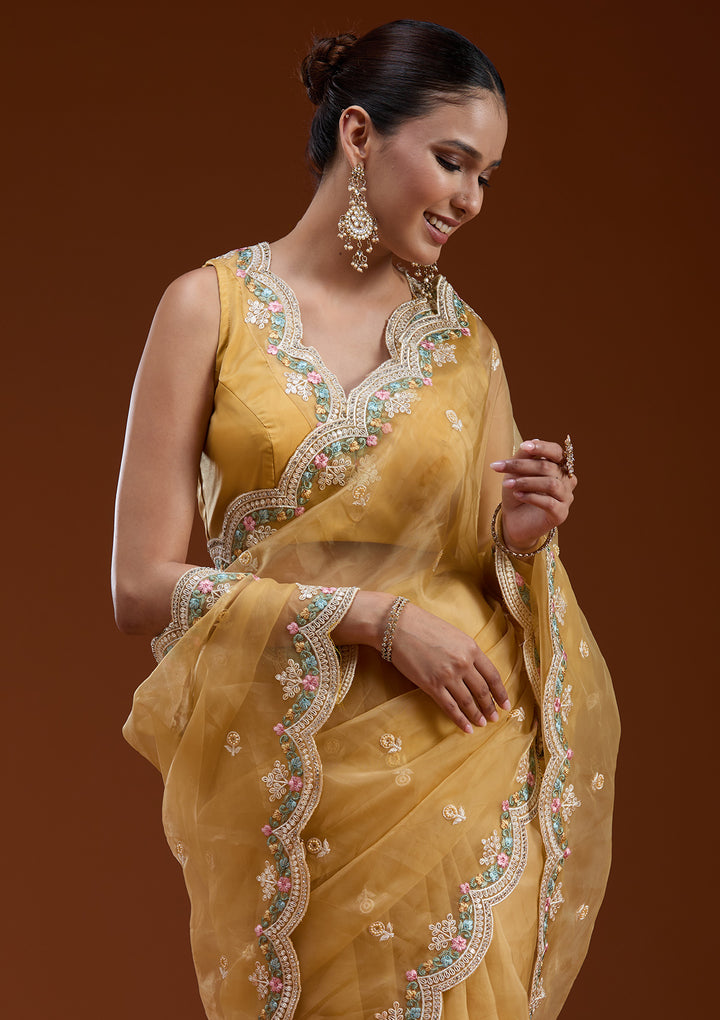 Yellow Threadwork Tissue Saree