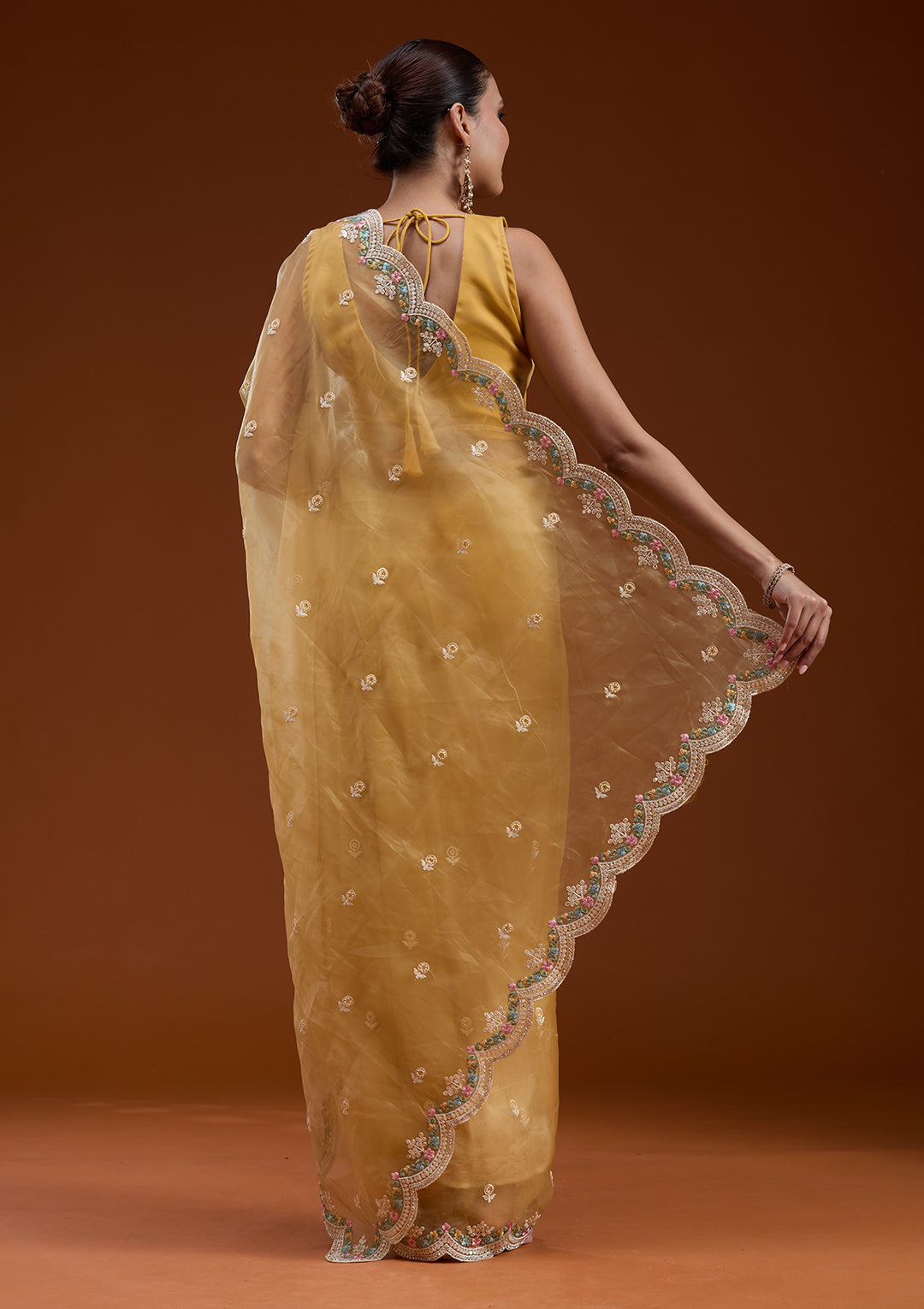 Yellow Threadwork Tissue Saree