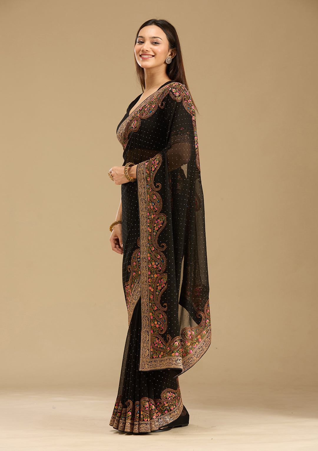 Black Kashmiri Georgette Saree