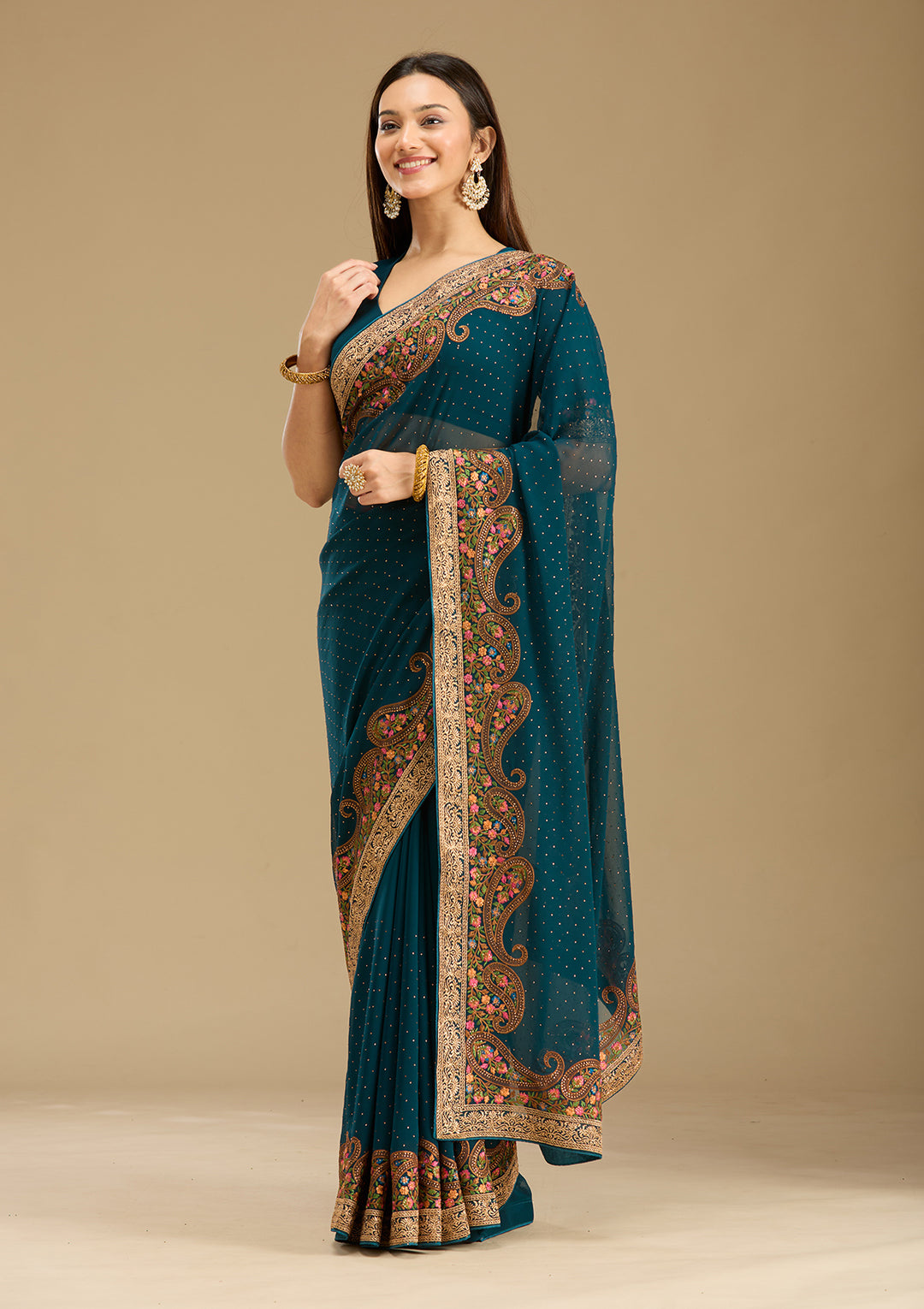 Peacock Blue Kashmiri Georgette Saree