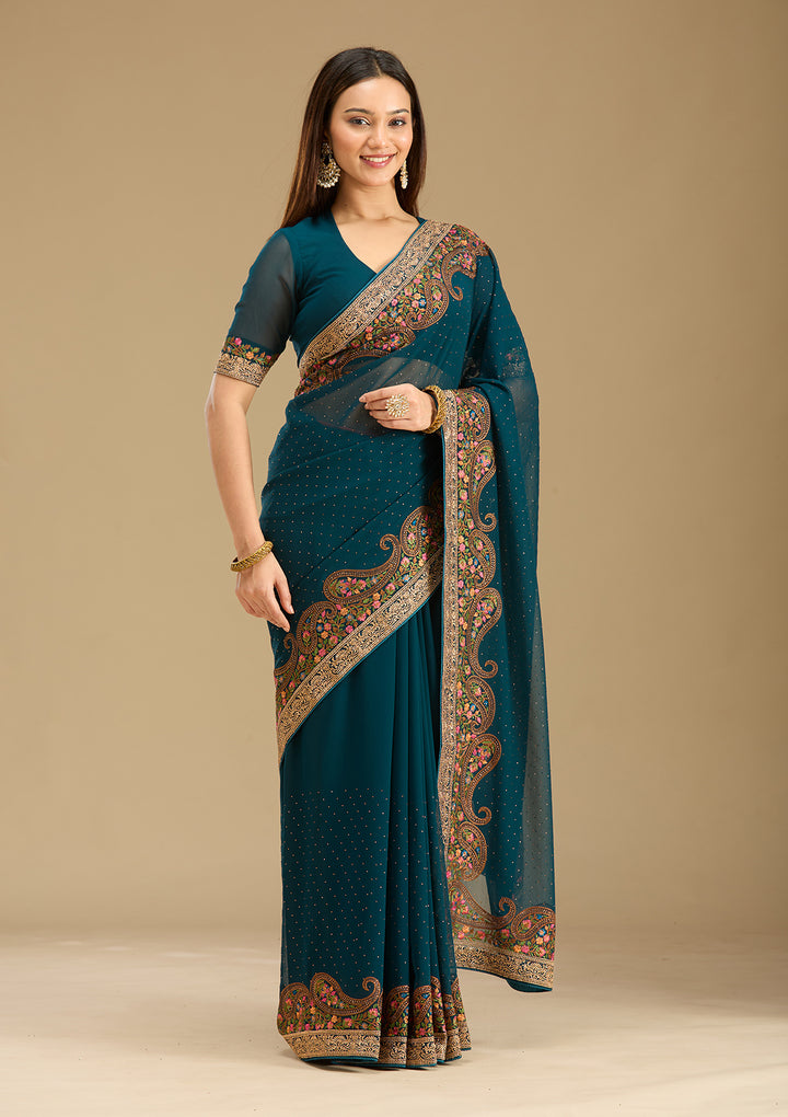 Peacock Blue Kashmiri Georgette Saree
