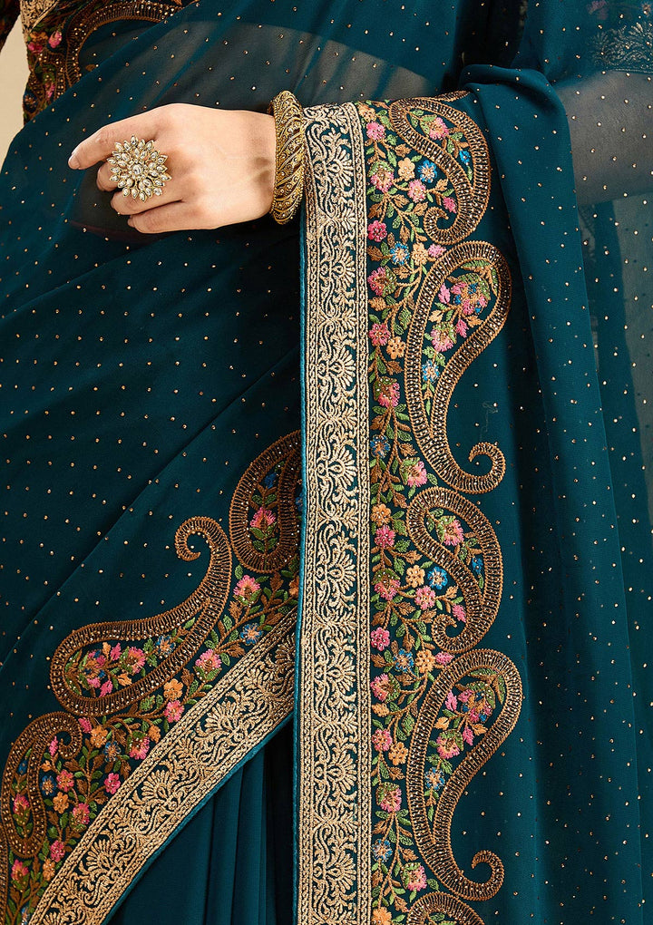 Peacock Blue Kashmiri Georgette Saree