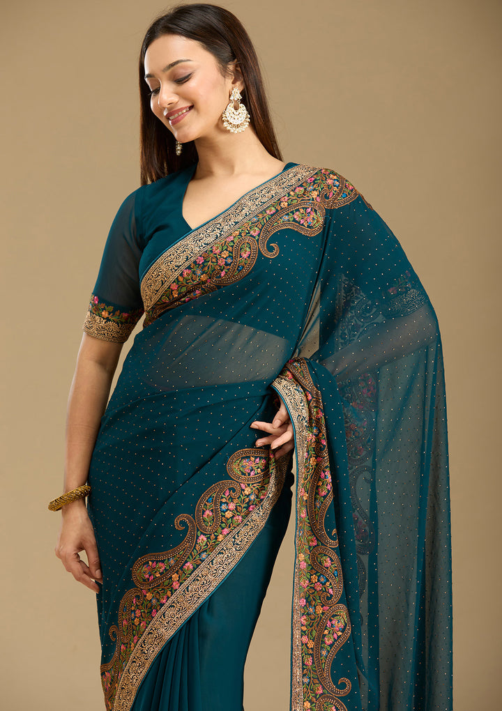 Peacock Blue Kashmiri Georgette Saree