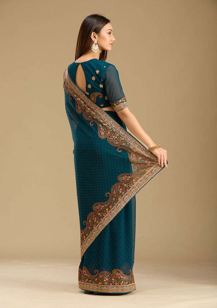 Peacock Blue Kashmiri Georgette Saree