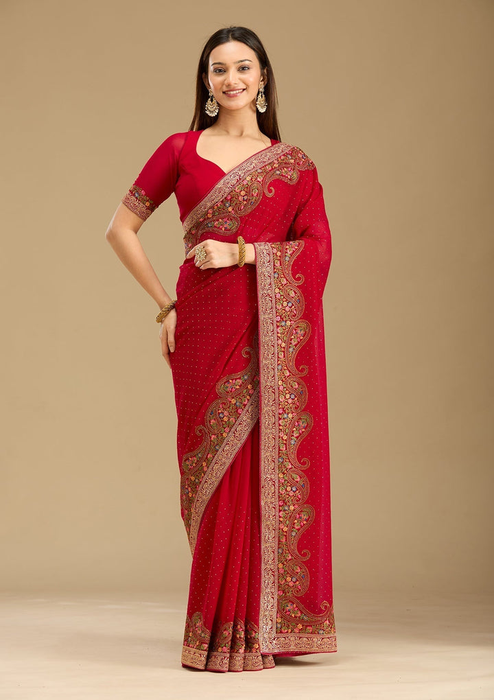Rani Pink Georgette Kashmiri Saree With Matching Blouse Piece