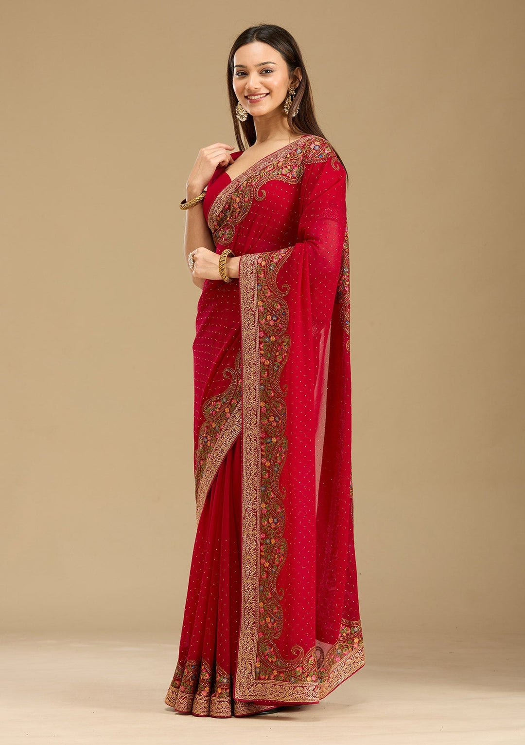 Rani Pink Georgette Kashmiri Saree With Matching Blouse Piece