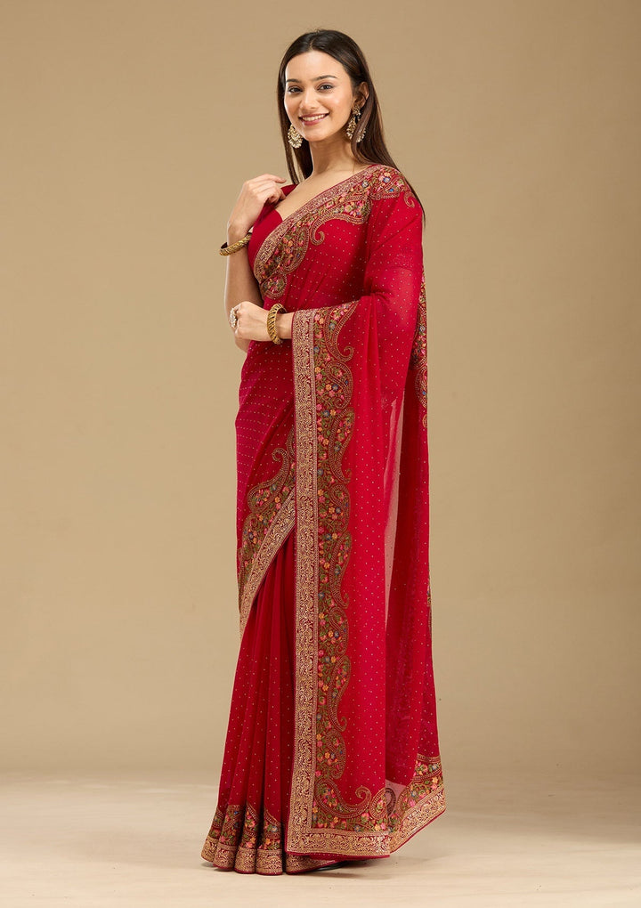 Rani Pink Georgette Kashmiri Saree With Matching Blouse Piece