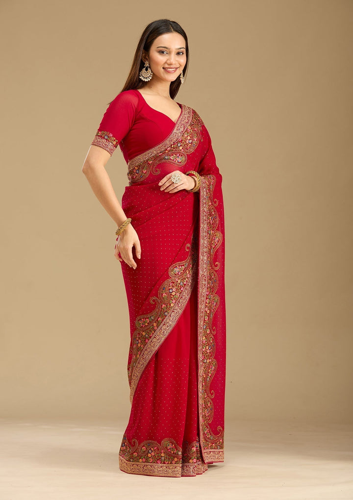 Rani Pink Georgette Kashmiri Saree With Matching Blouse Piece